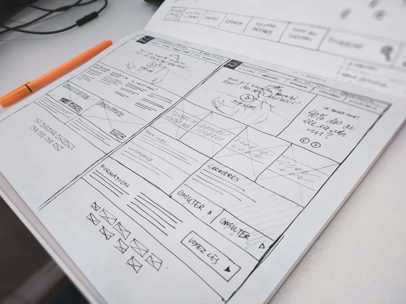 Hand-drawn website wireframe with an orange pen