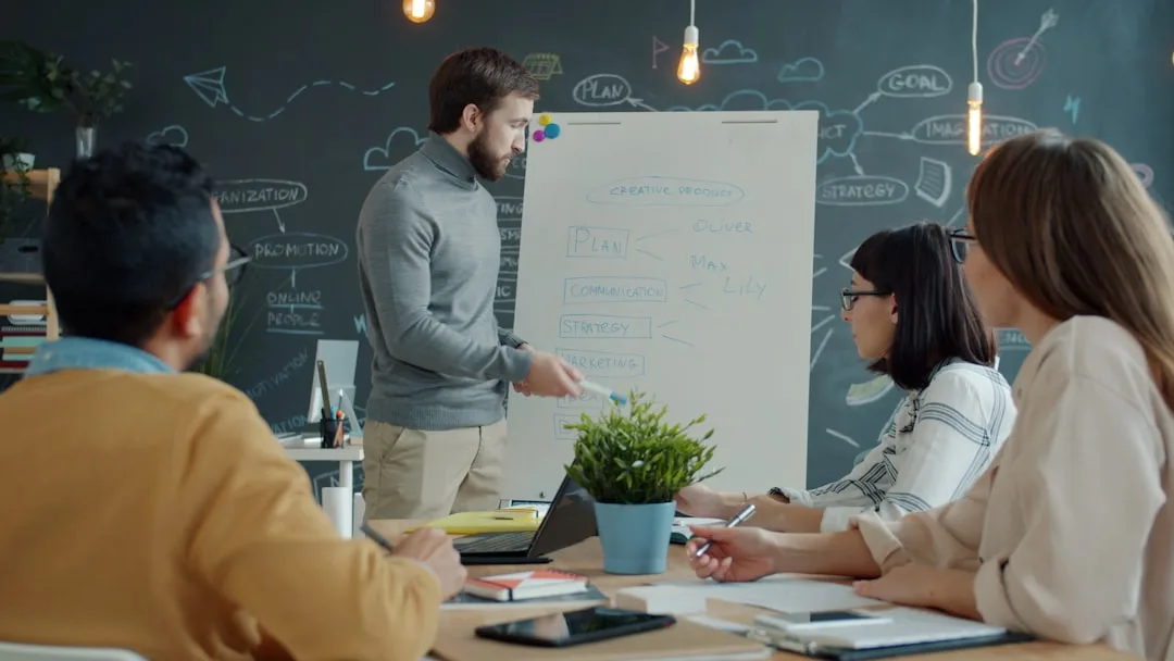 Team presenting strategy on a whiteboard